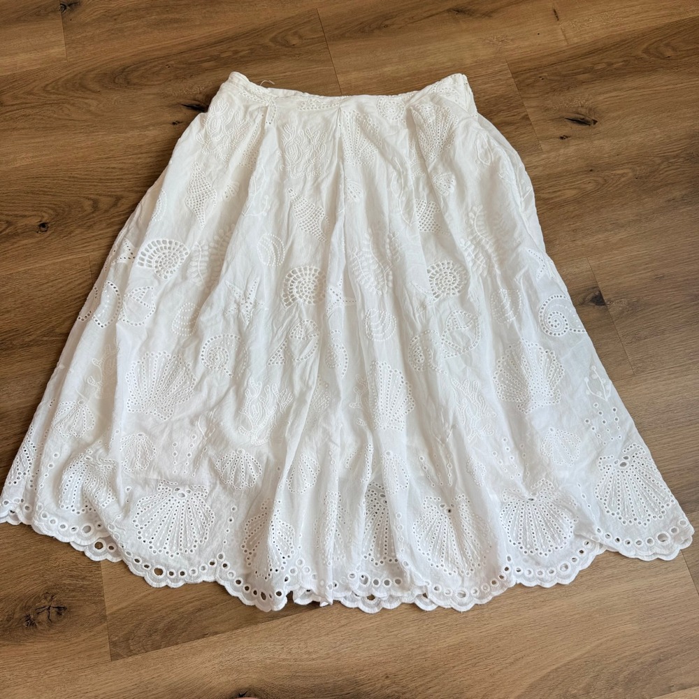 Maeve Anthropologie White Eyelet Seashell Midi Skirt Cotton Embroidered Size 10